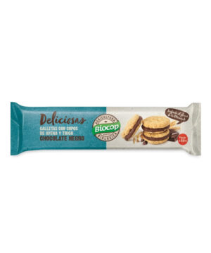 Galletas deliciosas con copos de avena y trigo rellena de choco negro bio 150g Biocop