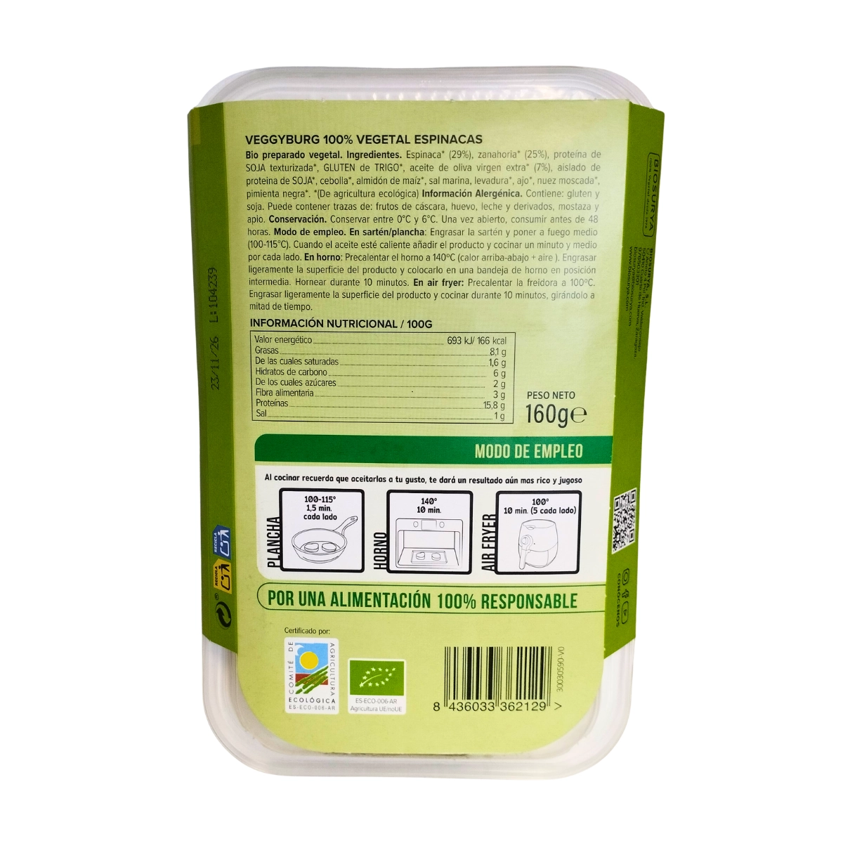 Hamburguesa (jardin bio) Espinacas 100% vegetal Bio 160g AHIMSA