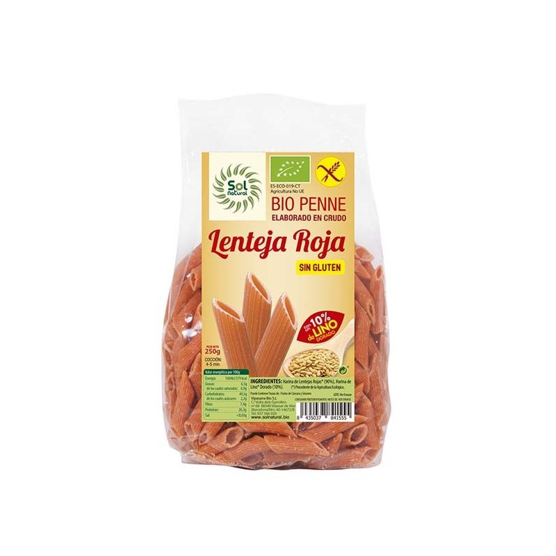 Penne lenteja roja con lino bio sin gluten 250 g Sol Natural